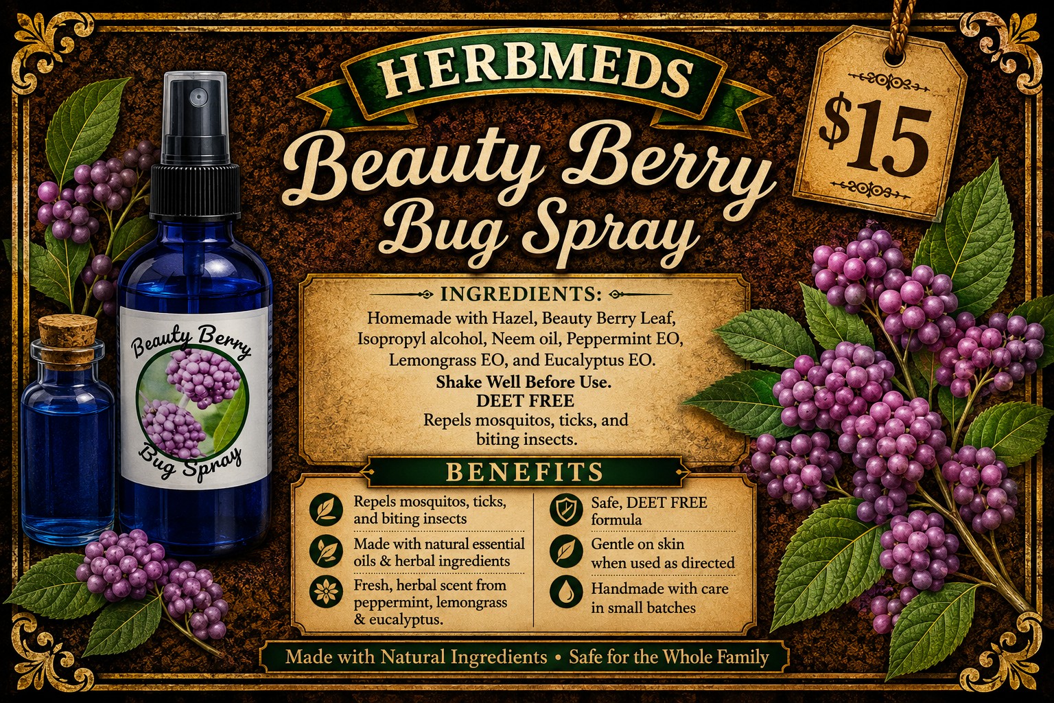 HerbMeds Beauty Berry Bug Spray bottle and beautyberries
