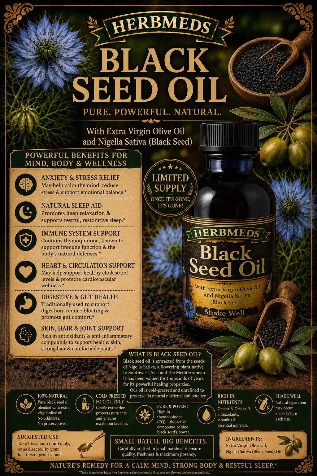 HerbMeds Black Seed Oil bottle with black cumin seeds