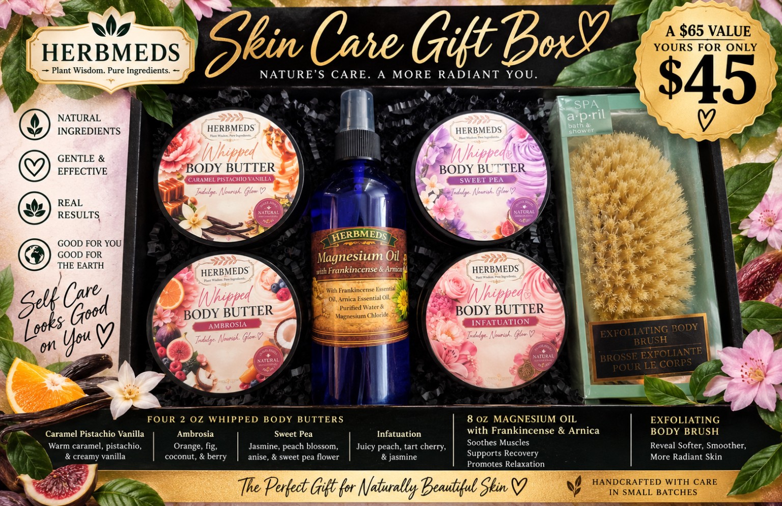 HerbMeds skin care gift box with body butters, magnesium oil and body brush