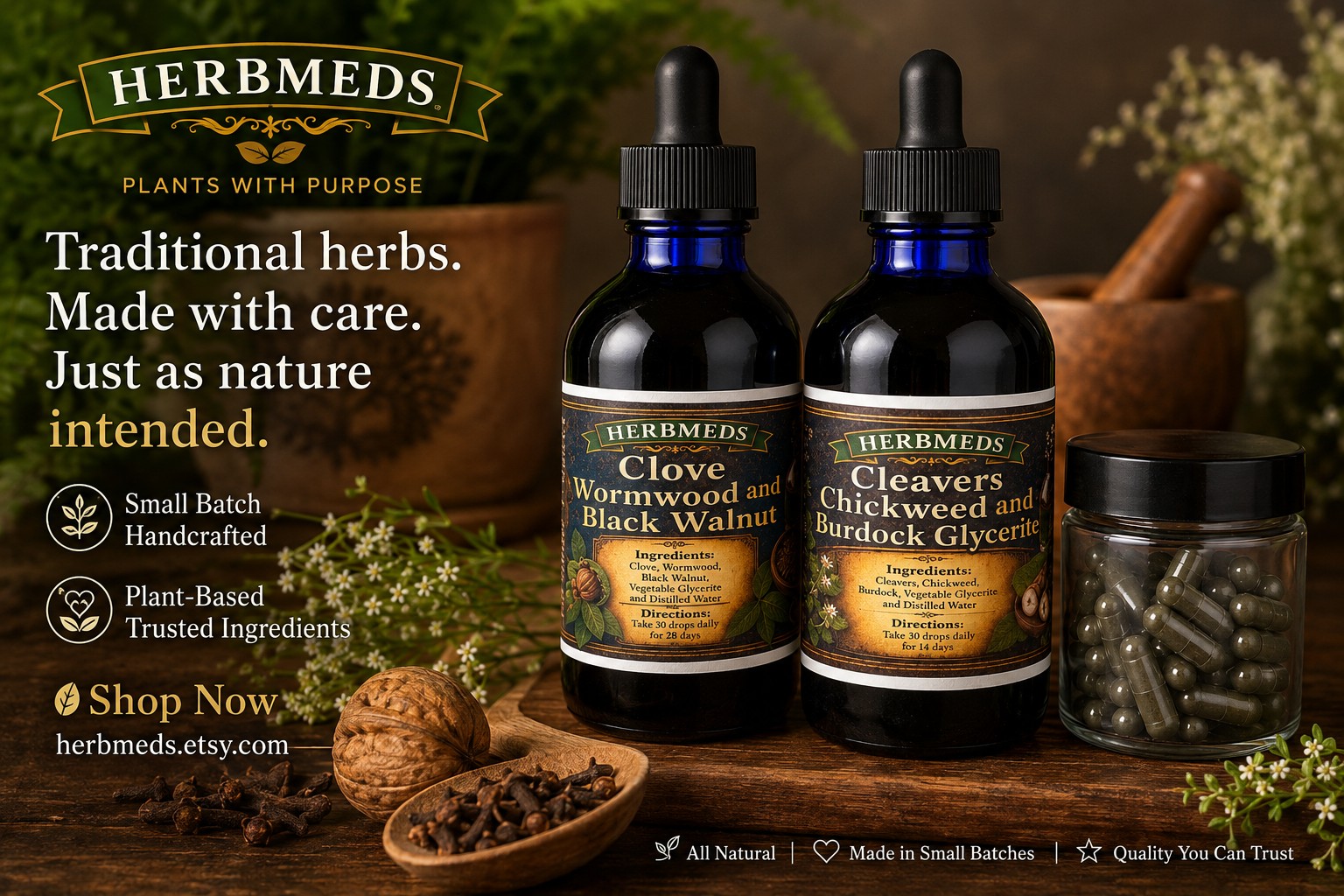 HerbMeds herbal extracts including clove, black walnut, cleavers, chickweed and burdock